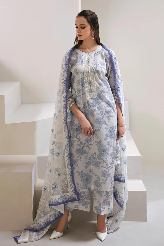 Baroque | 3 piece -Swiss Lawn - Organza printed Dupatta